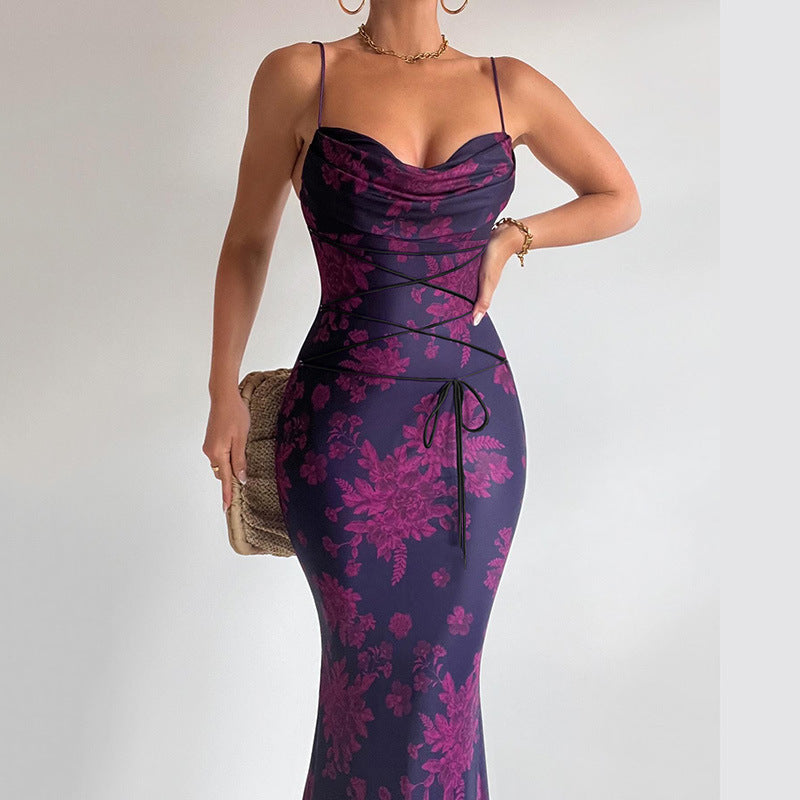 Floral Print Cowl Neck Spaghetti Strap Lace Up Waist Mermaid Maxi Dress