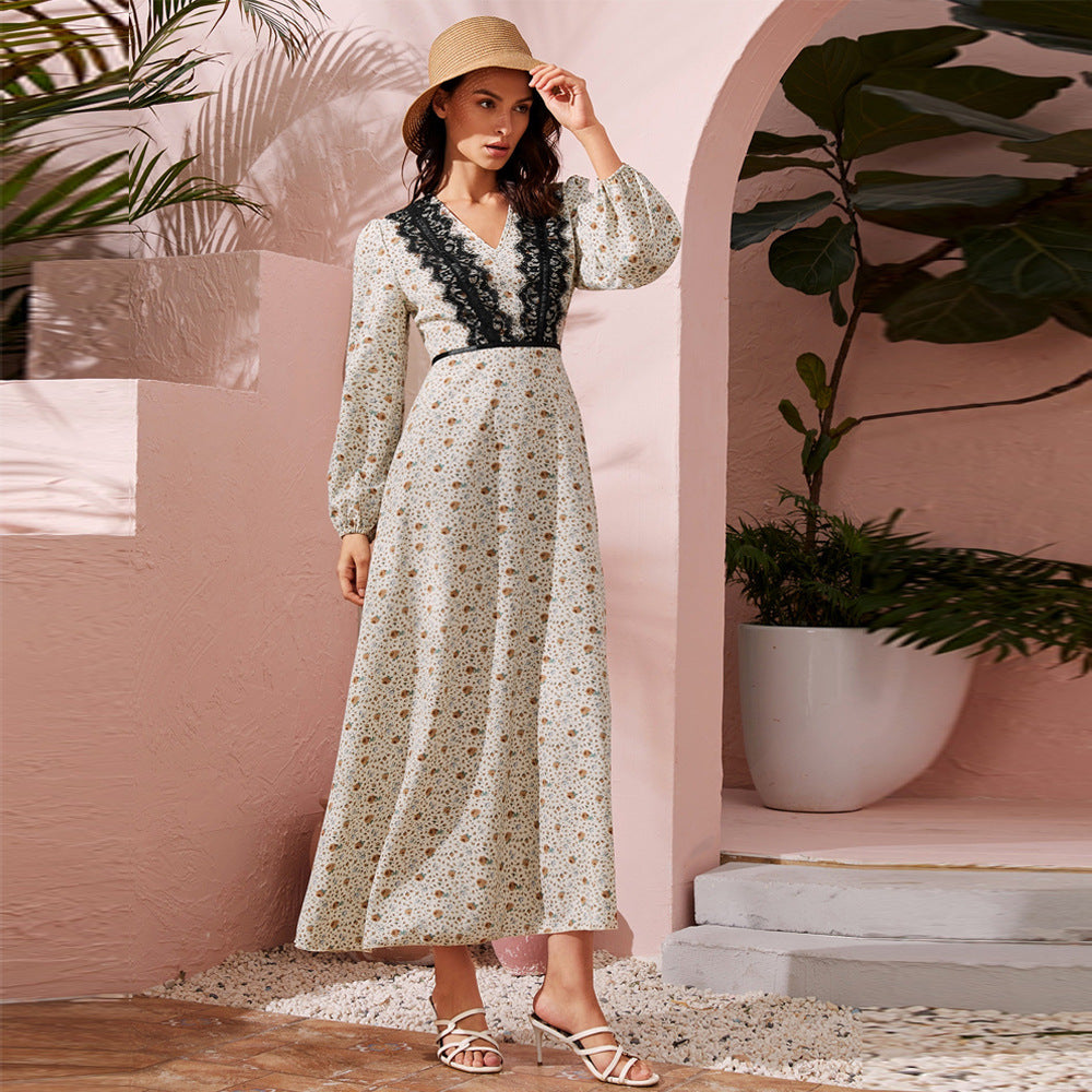 Floral Deep V-Neck Lace Trim Bishop Sleeve A-Line Maxi Dress
