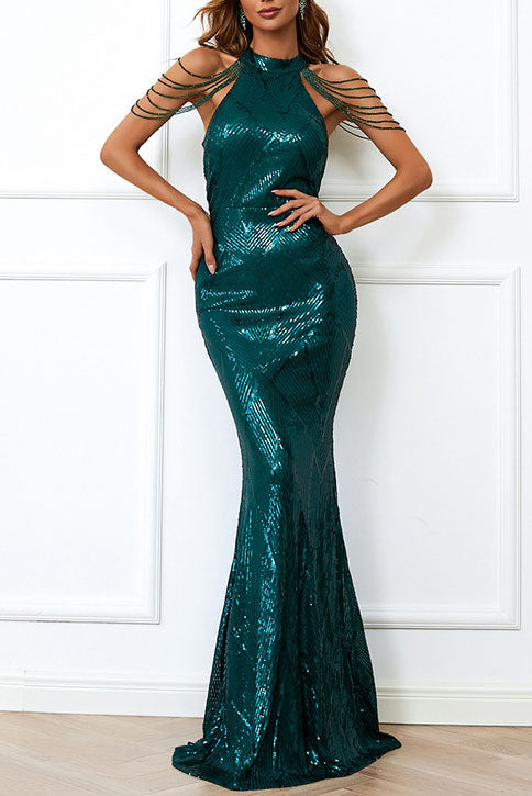 Tassel Sequins Fishtail Maxi Gown Dress