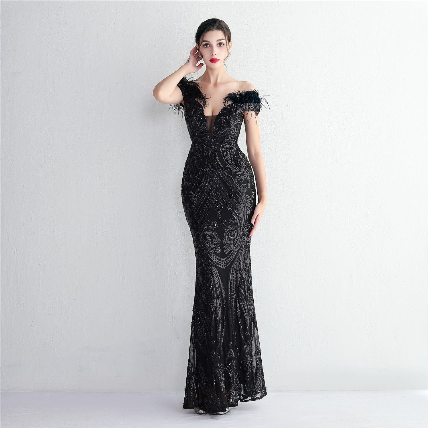 Off Shoulder Feather Deep V-Neck Sequin Mermaid Gown
