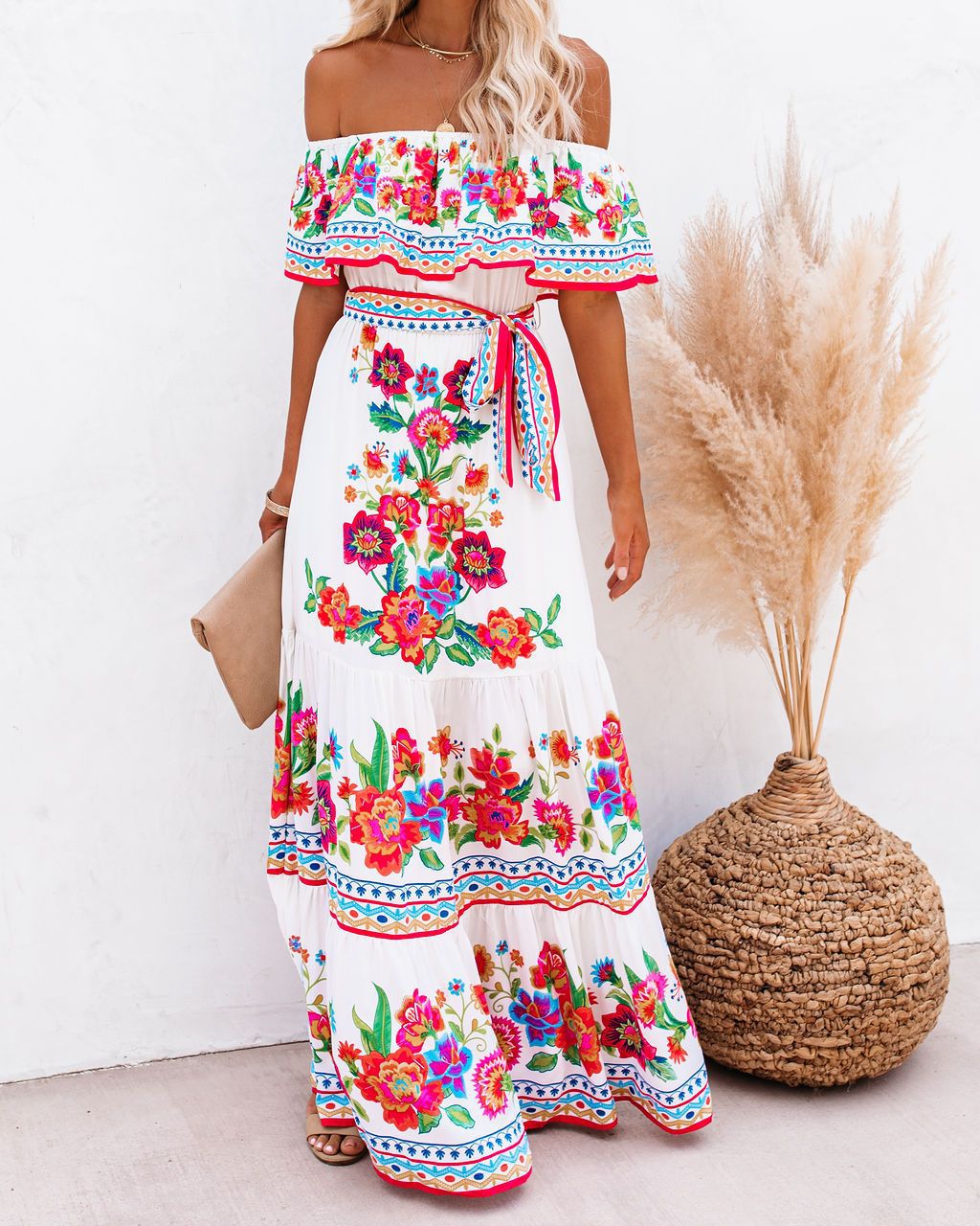 Off Shoulder Floral Ruffle Tiered Belted Maxi Dress 5