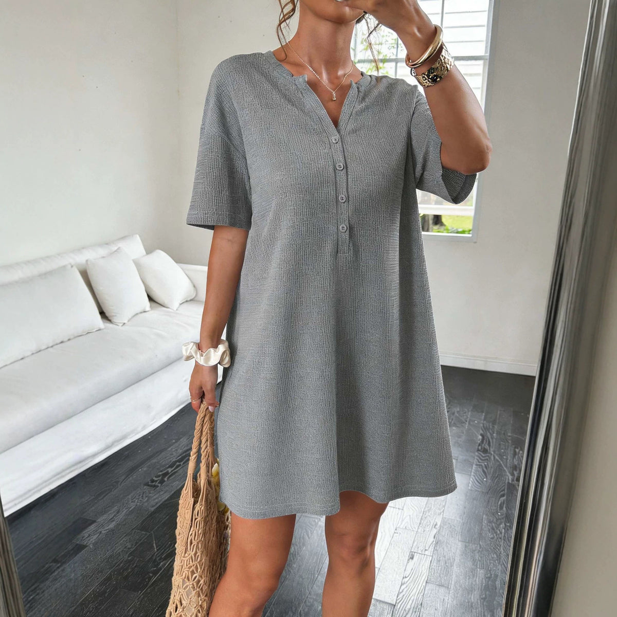Textured Knit Notch Neck Half Button Short Sleeve Shift Mini Dress 2
