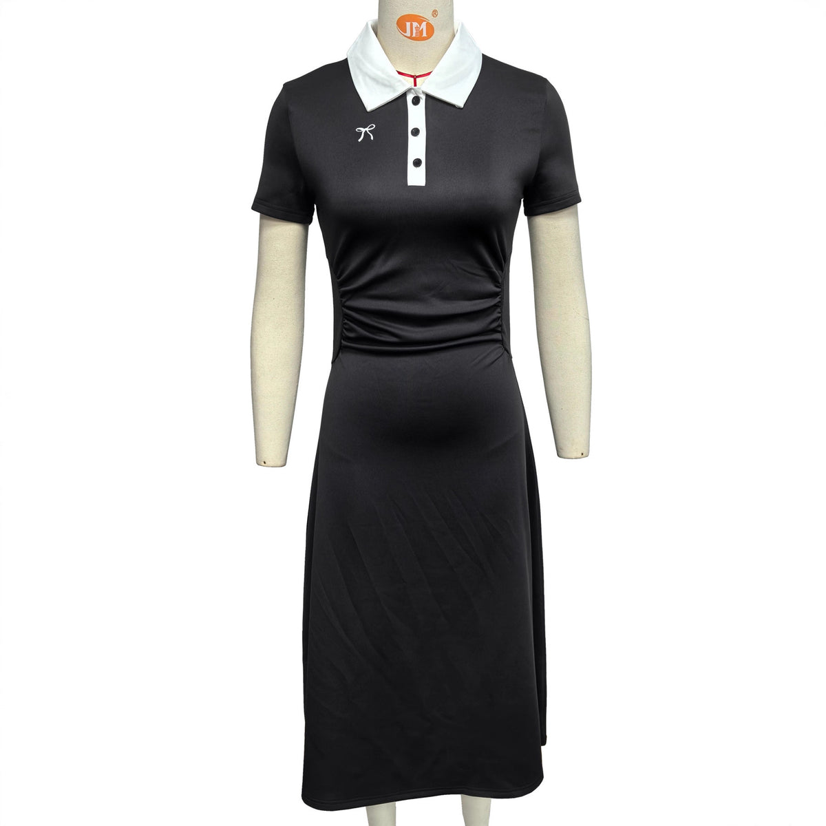 Contrast Polo Collar Short Sleeve Button Placket A-Line Midi Dress 2
