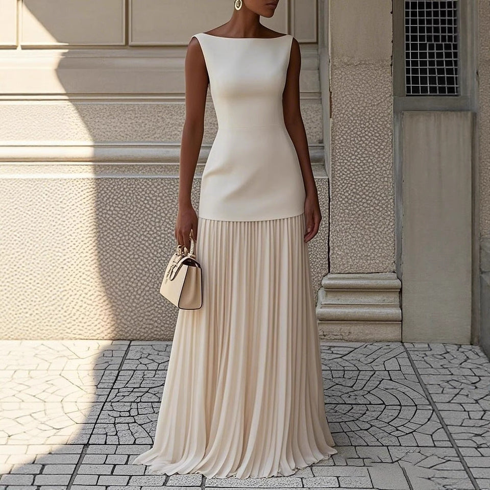 Boat Neck Sleeveless Pleated Maxi Two Piece Set