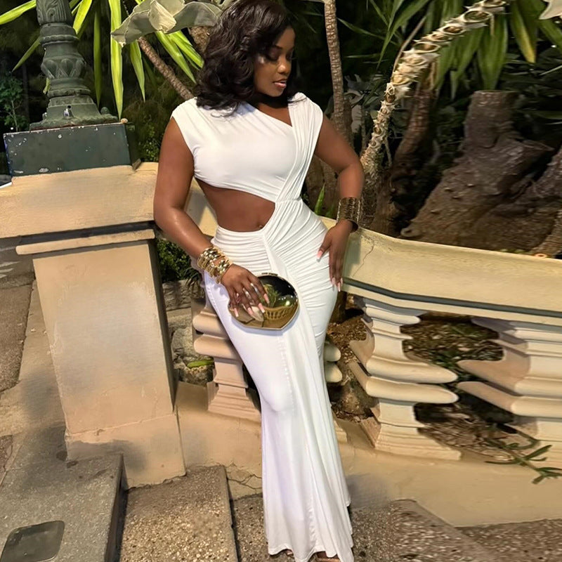 Asymmetric Neck Sleeveless Cut Out Waist Draped Mermaid Maxi Dress 3