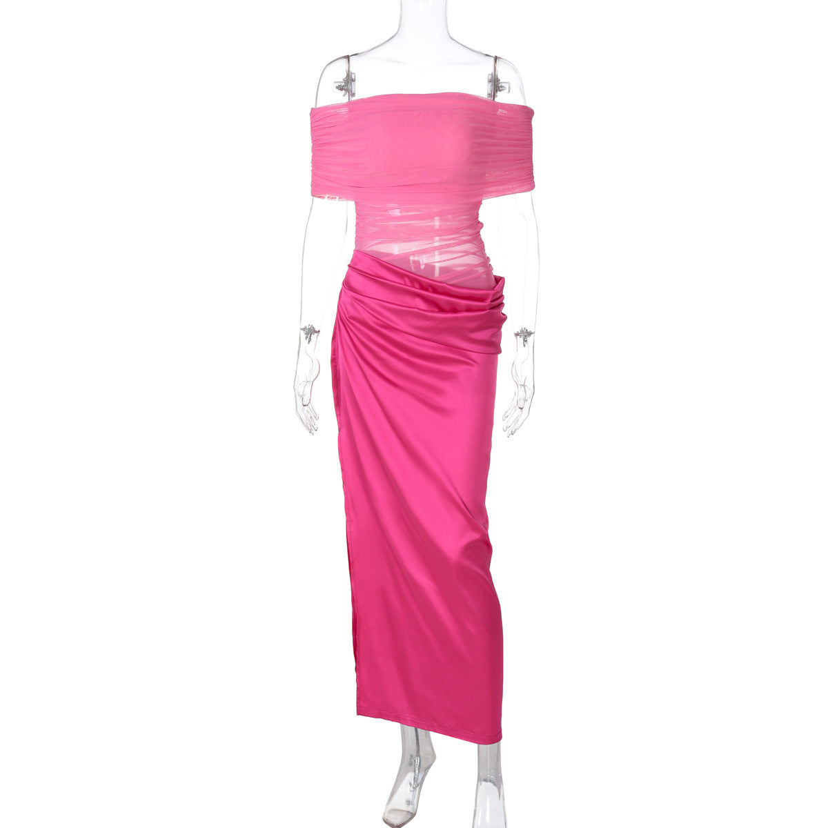 Satin Off Shoulder Ruched Mesh Panel Side Split Maxi Dress 4