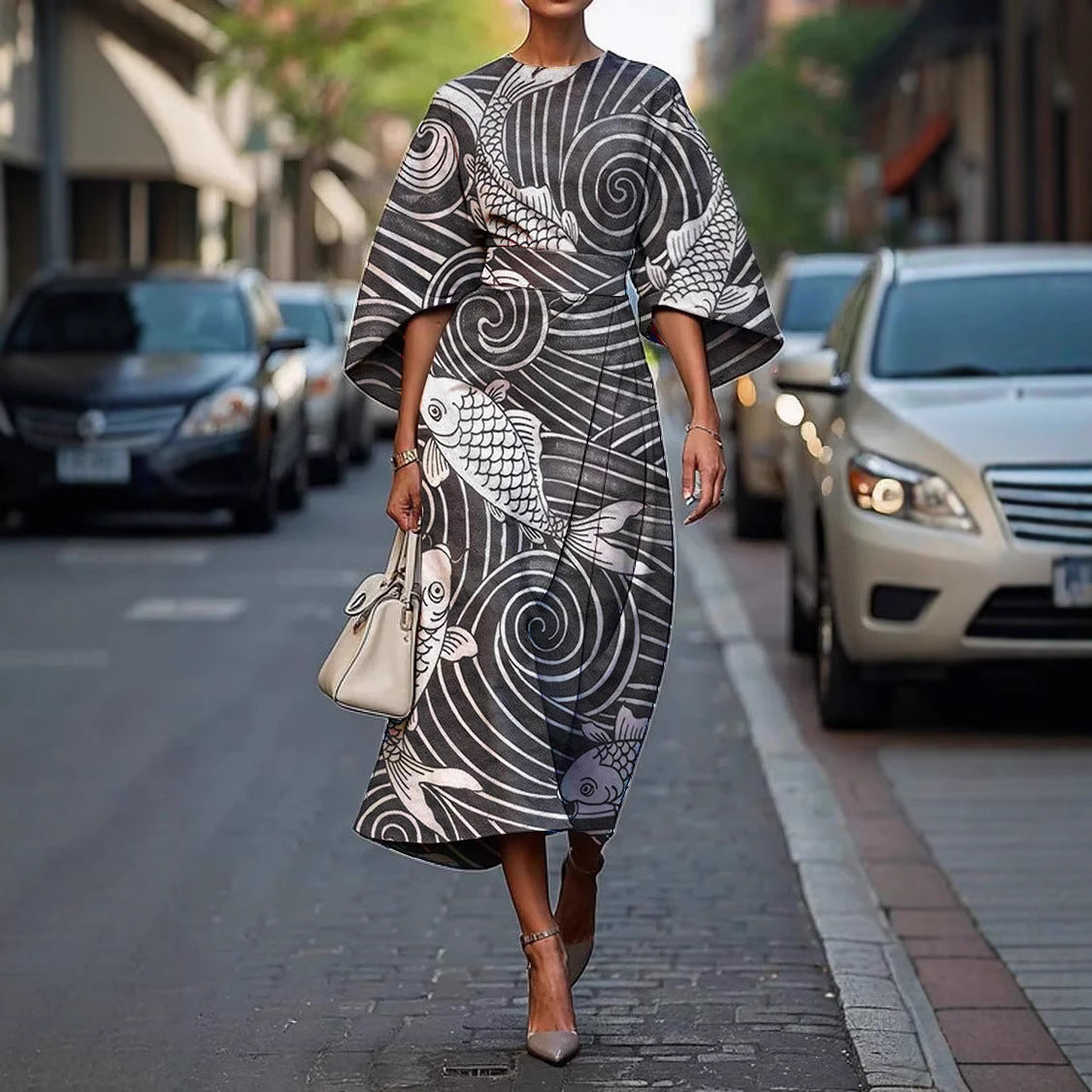 Zoraida - Stylish Batwing Sleeve Long Dress Black White