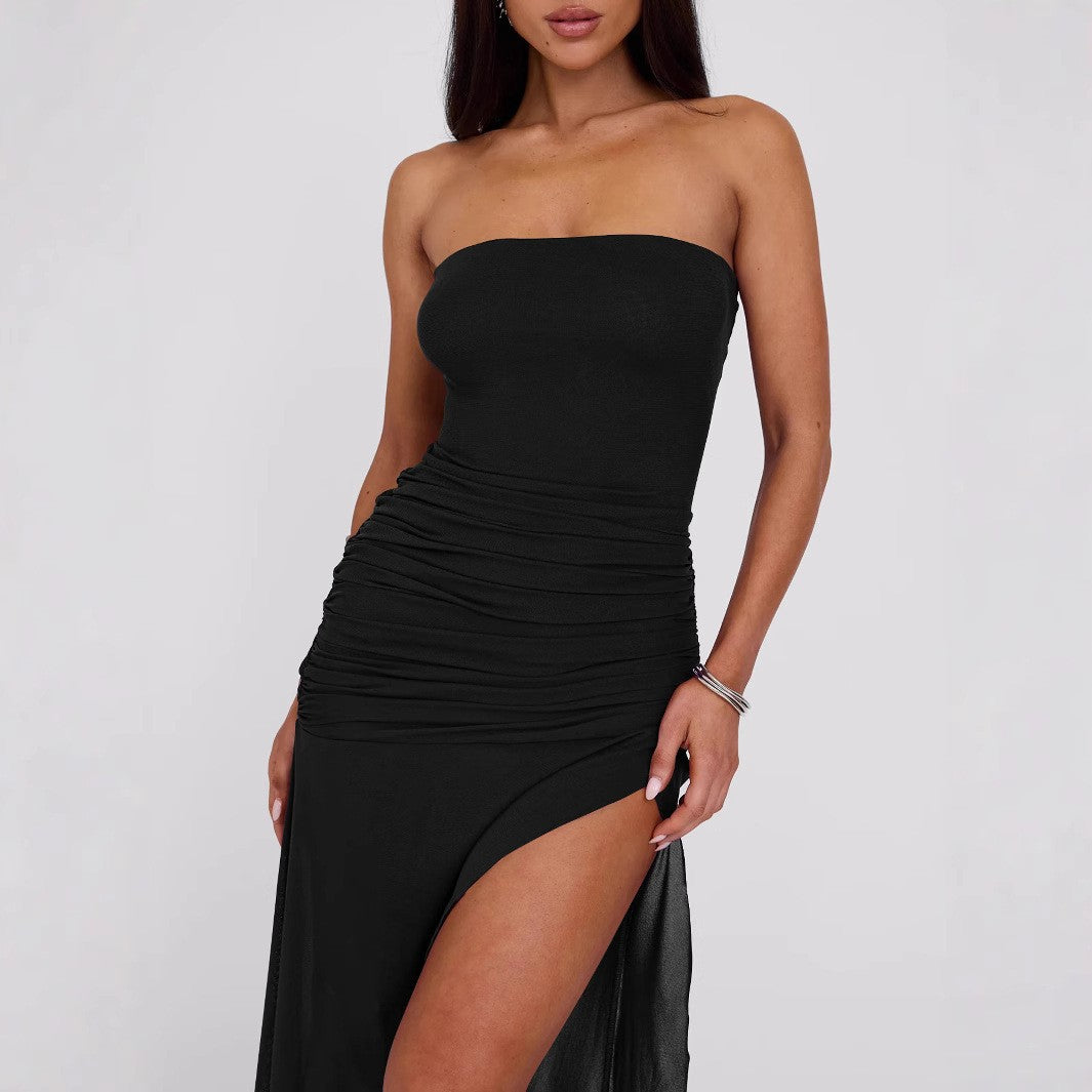 Strapless Ruched Mesh High Split Asymmetric Hem Midi Dress 2