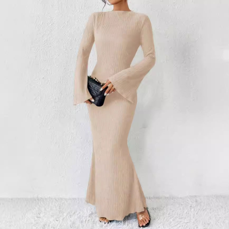 Rib Knit Flare Sleeve Bodycon Mermaid Maxi Dress 2