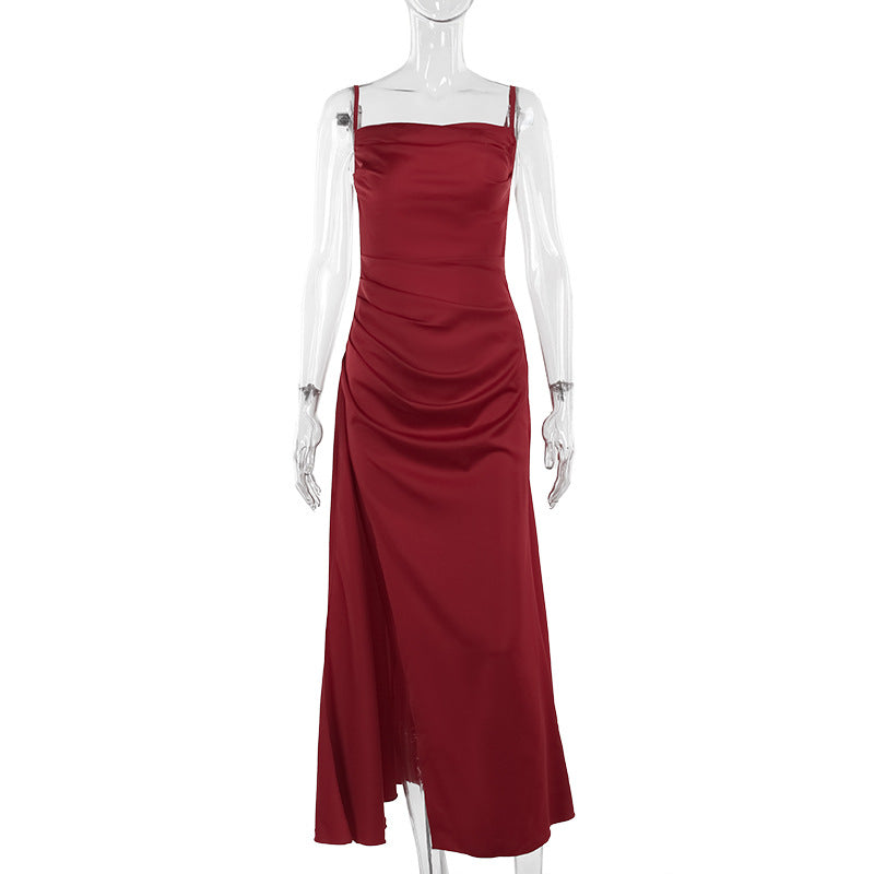 Satin Cowl Neck Spaghetti Strap Ruched High Split Mermaid Maxi Dress