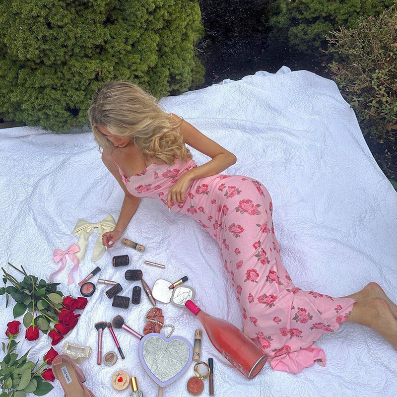 Floral Print Spaghetti Strap Scoop Neck Bodycon Maxi Dress