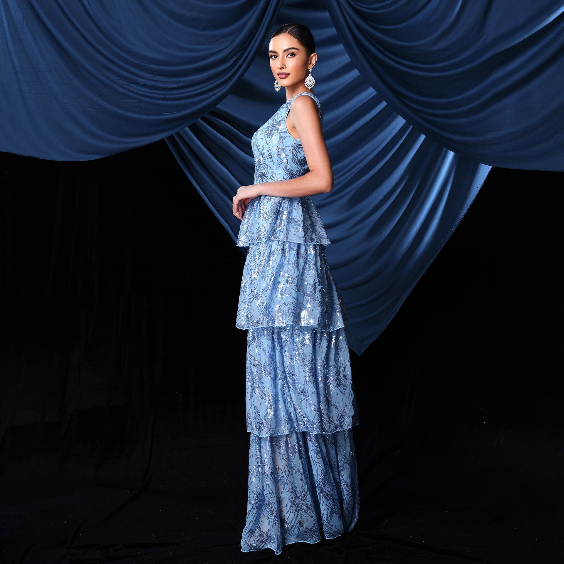 Sequin Deep V-Neck Sleeveless Tiered Ruffle A-Line Maxi Dress
