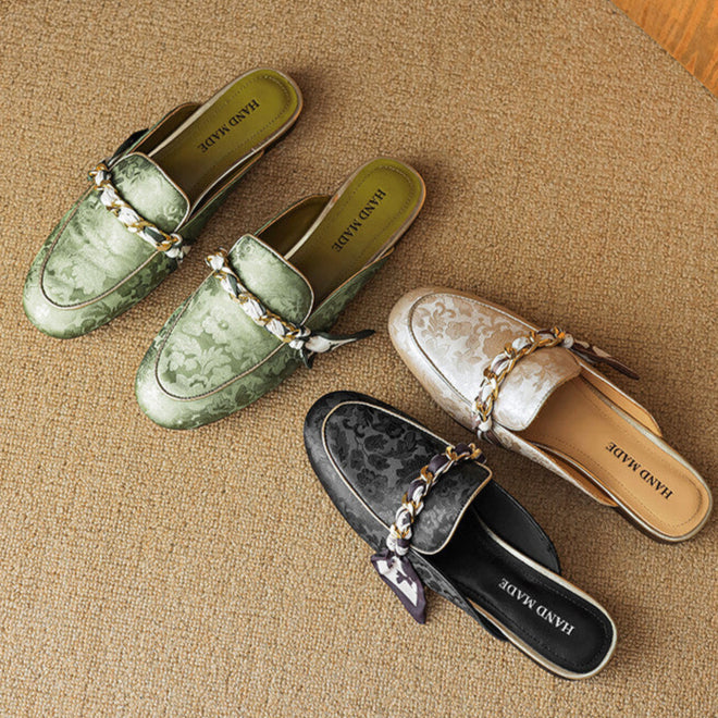 Floral Jacquard Chain Detail Pointed Toe Flat Mules