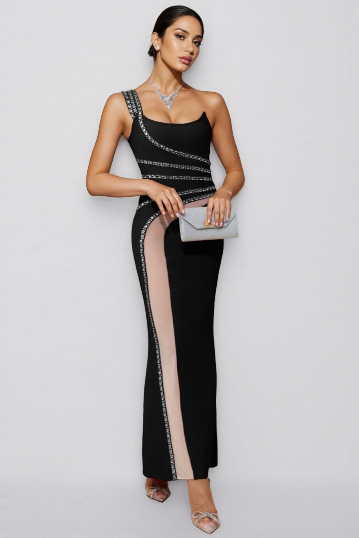 Asymmetric Strap Rhinestone Trim Mesh Panel Bandage Maxi Dress