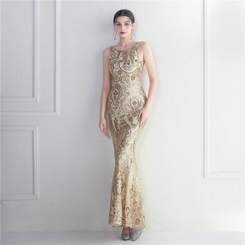 Damask Sequin Embroidered Sleeveless Open Back Mermaid Evening Gown 8