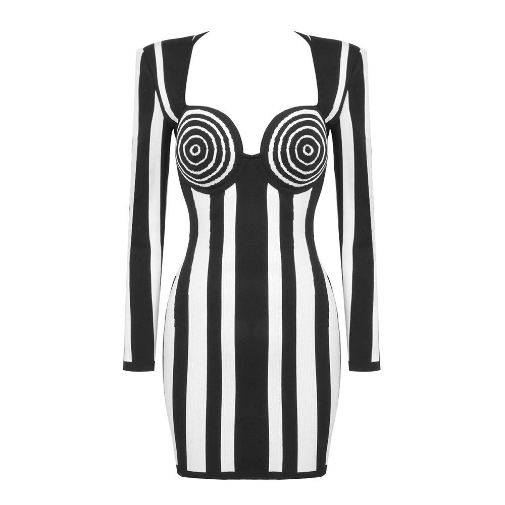 Striped Long Sleeve Plunge Sweetheart Spiral Bust Bandage Mini Dress