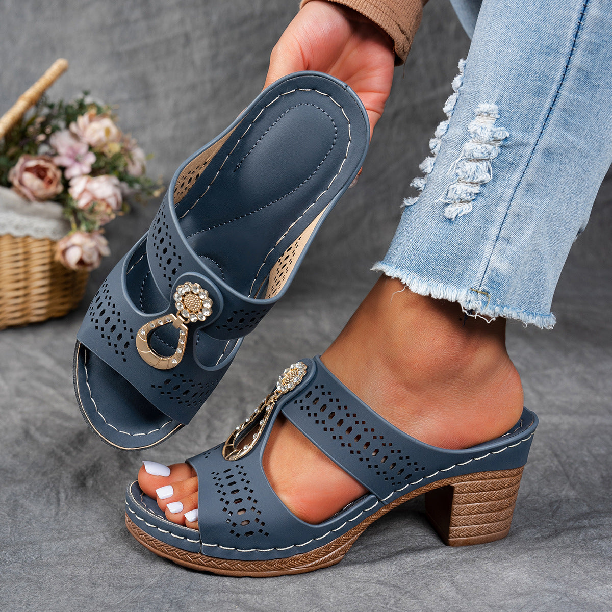 Open Toe Cut Out Embellished Block Heel Platform Slides