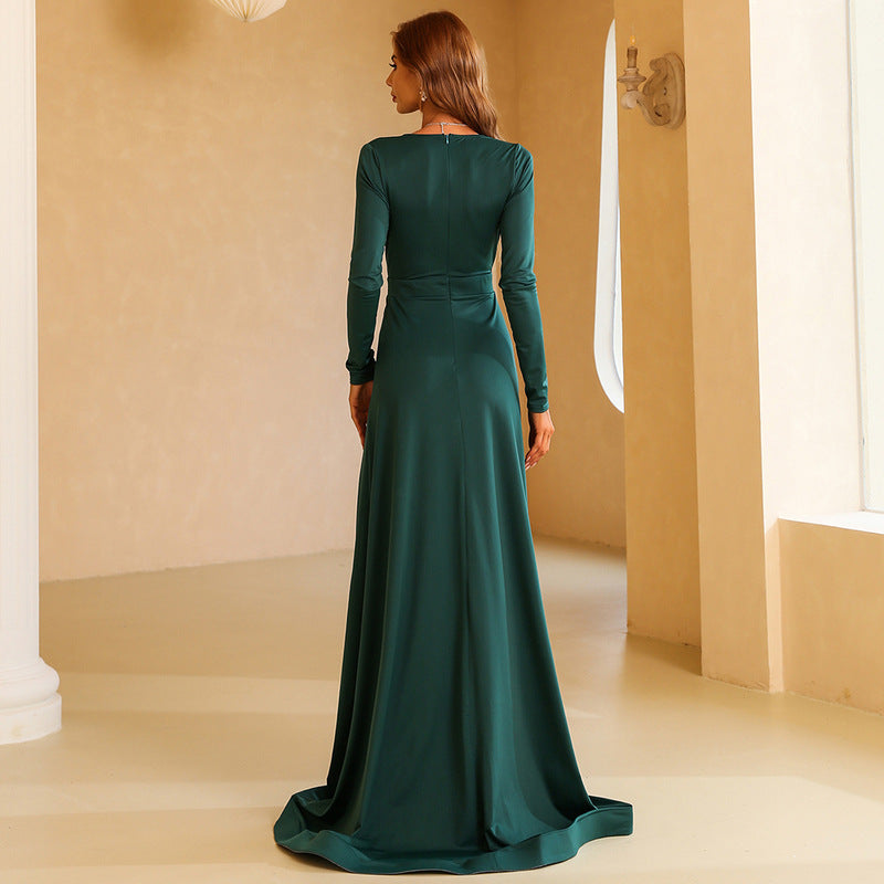 Deep V-Neck Long Sleeve Ruched High Split A-Line Gown
