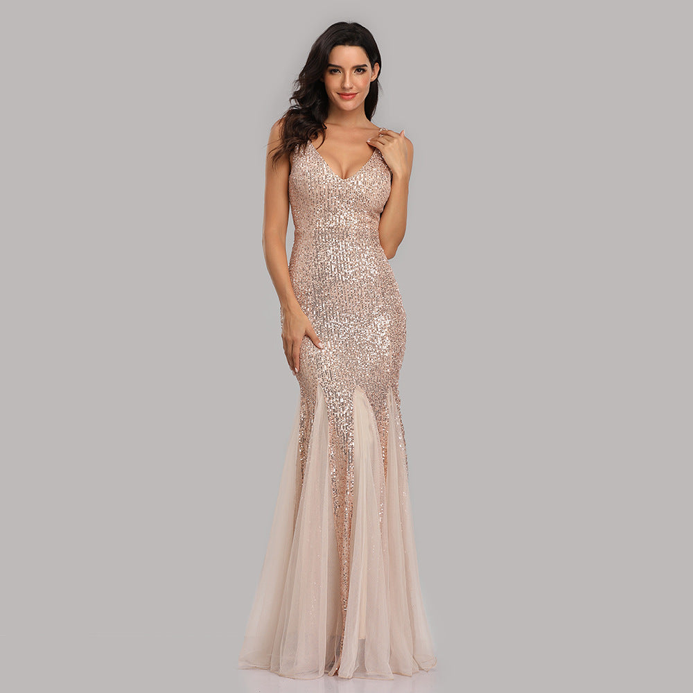 Sequin V-Neck Sleeveless Mesh Panel Mermaid Maxi Dress