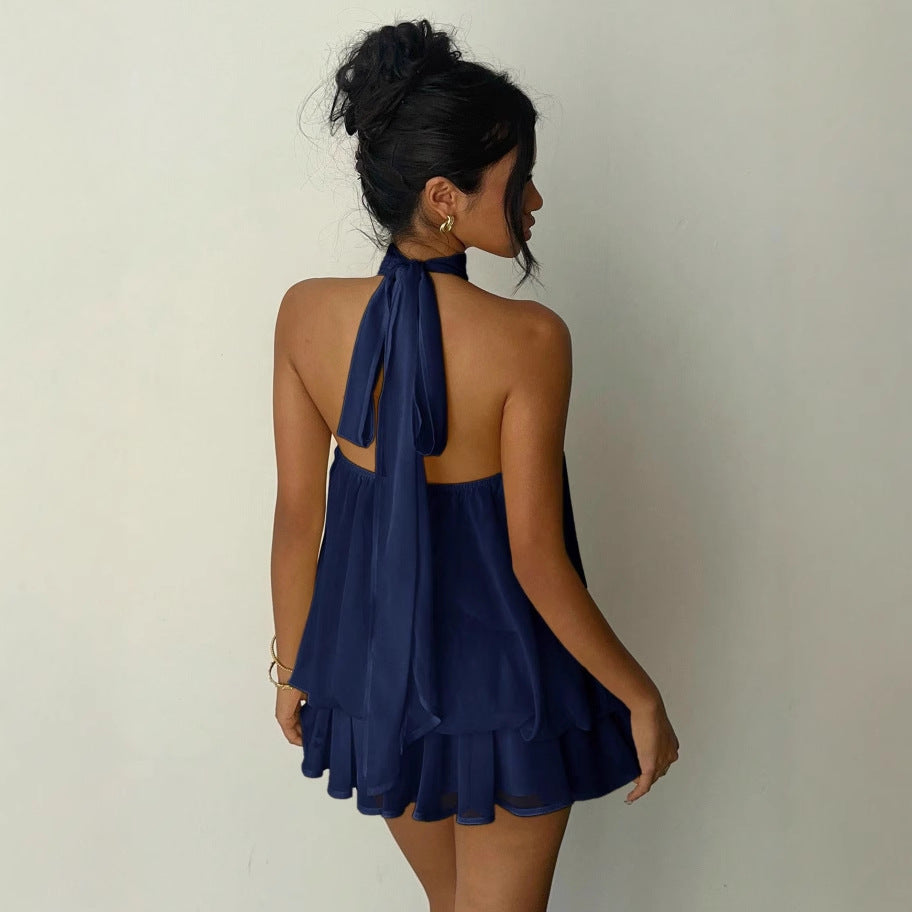 Mock Halter Neck Sleeveless Sheer Layered Ruffle Hem Romper 5
