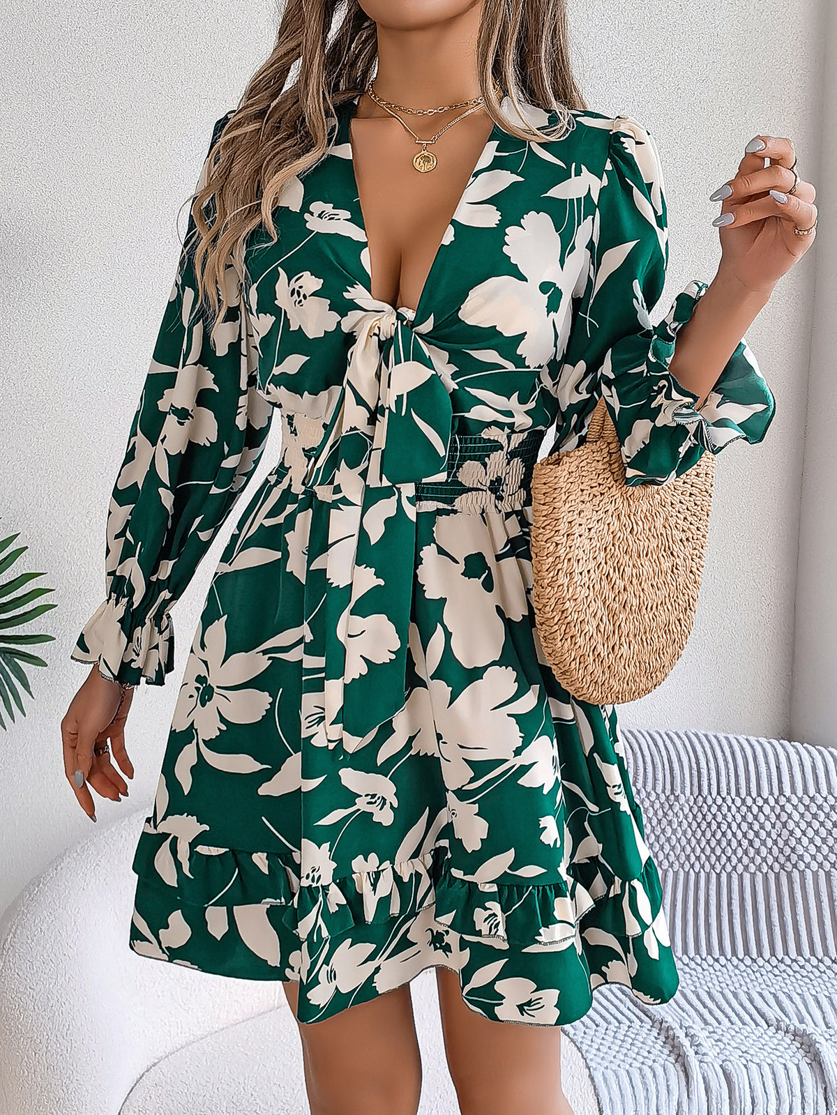 Floral Print Deep V-Neck Tie Front Long Sleeve Smocked Waist Ruffle Mini Dress 4
