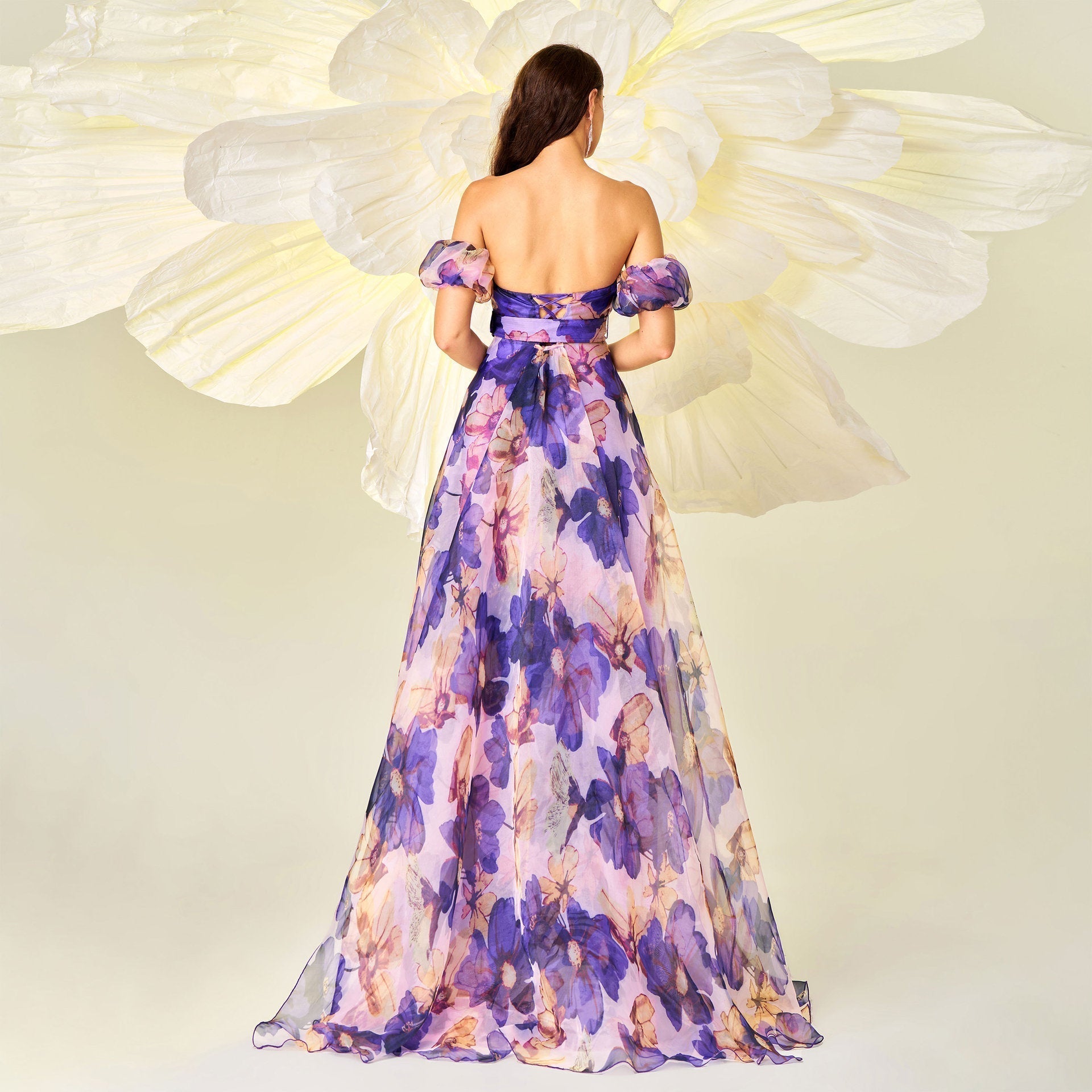 Floral Off Shoulder Puff Sleeve Belted Chiffon Maxi Dress