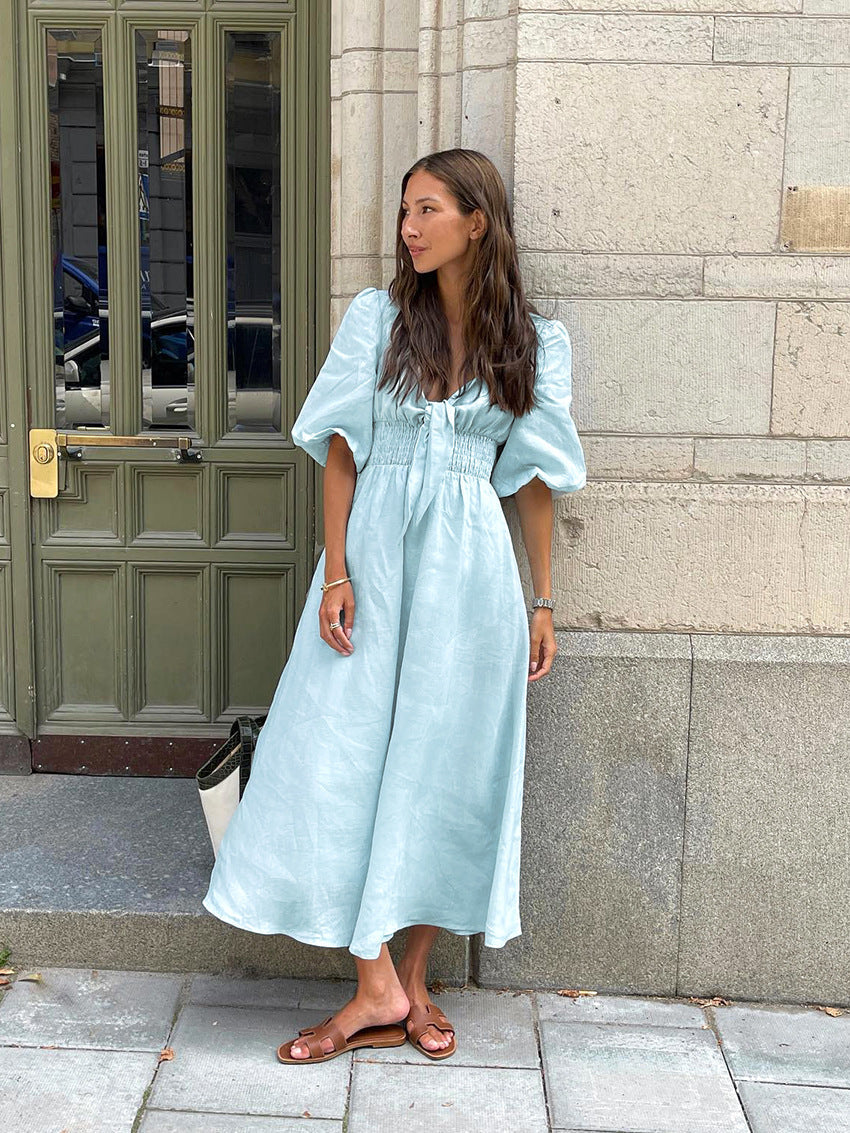 Sweetheart Puff Sleeve Tie Front Smocked Midi Dress Summer 2
