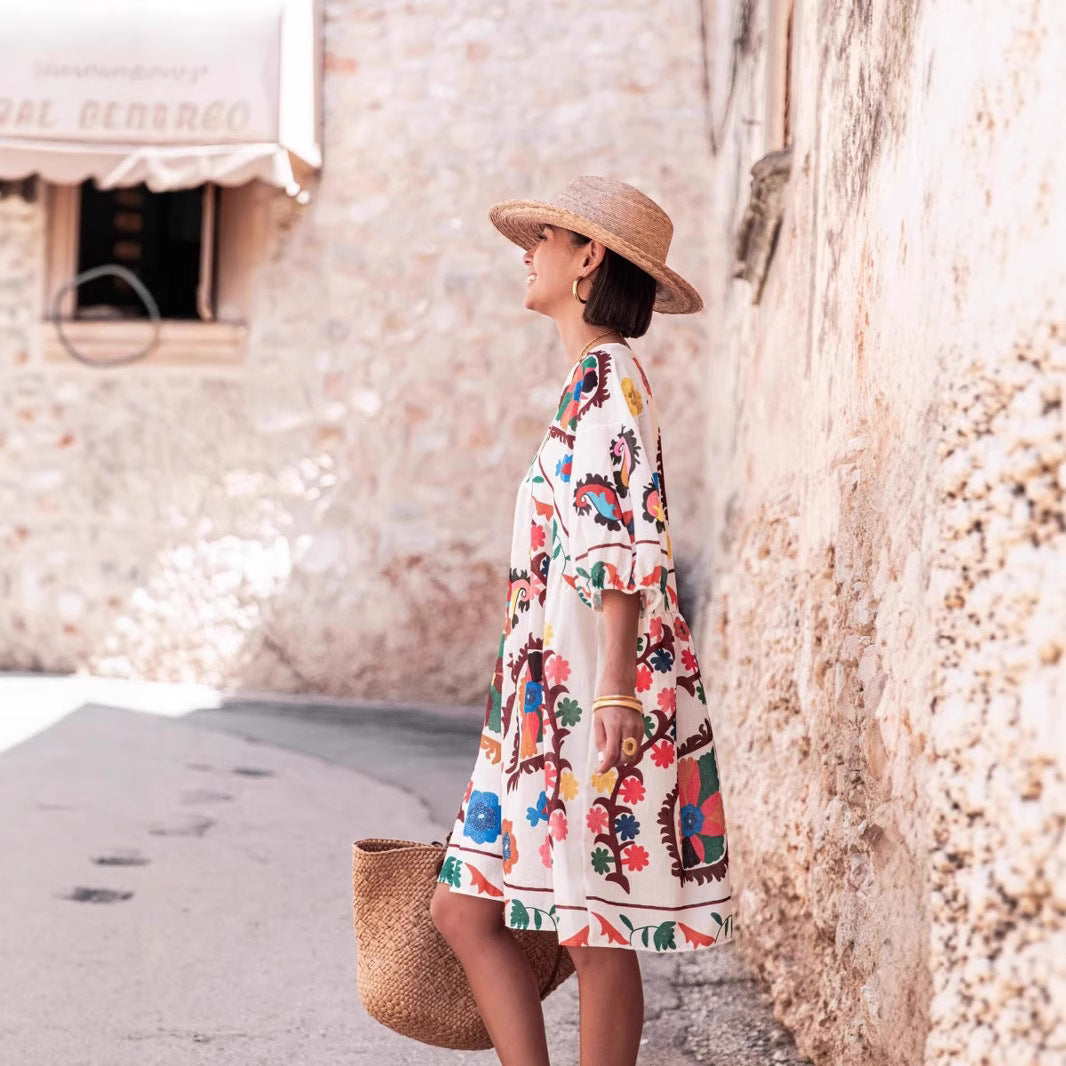 Summer Positioning Printing Loose Women Short Sleeve Mini Dress