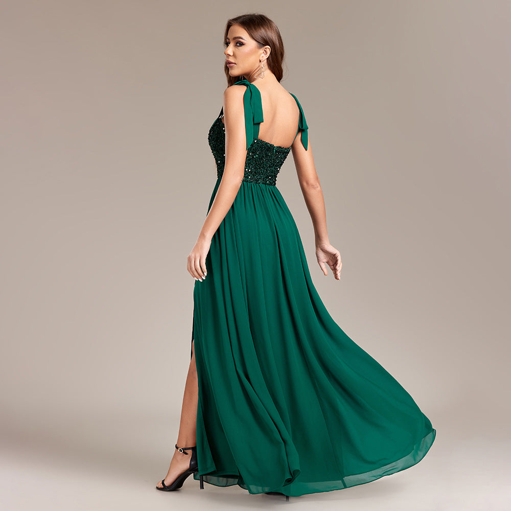 Sequin Sweetheart Tie Strap High Split A-Line Chiffon Maxi Dress