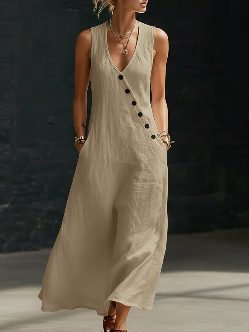 V-Neck Sleeveless Button Front Linen Maxi Dress 12