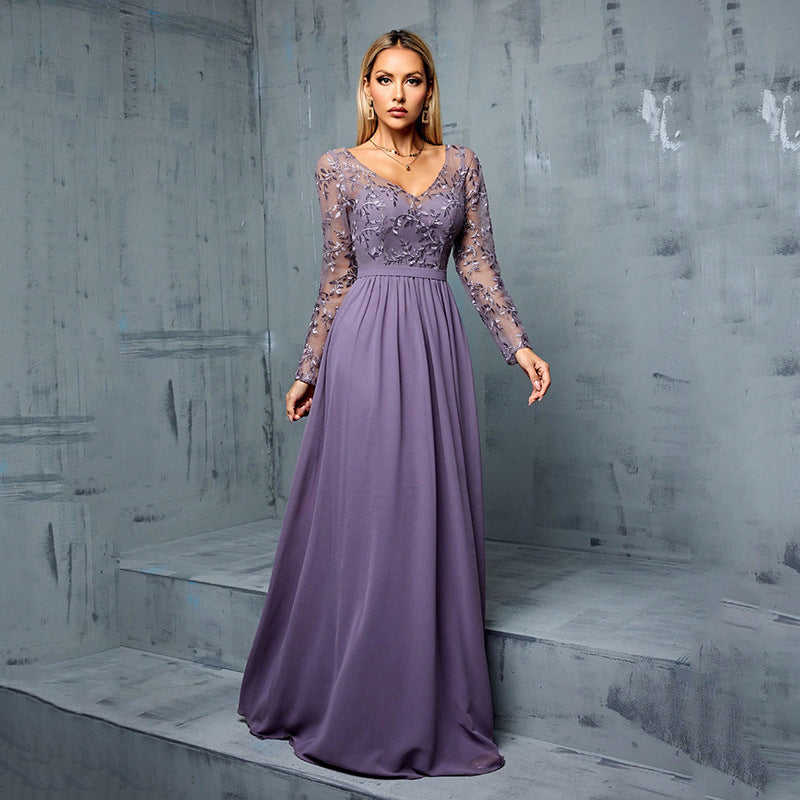 Chiffon V-Neck Long Sleeve Lace Bodice A-Line Maxi Gown
