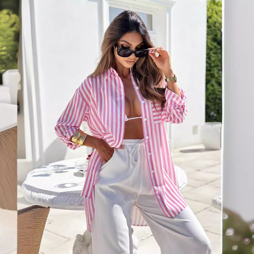 Striped Button Front Long Sleeve Oversized Longline Shirt