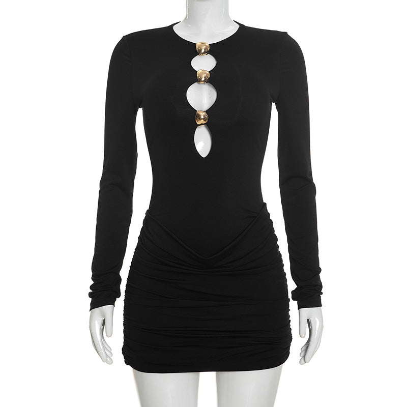 Crew Neck Metal Hardware Keyhole Cut Out Long Sleeve Ruched Bodycon Mini Dress 3