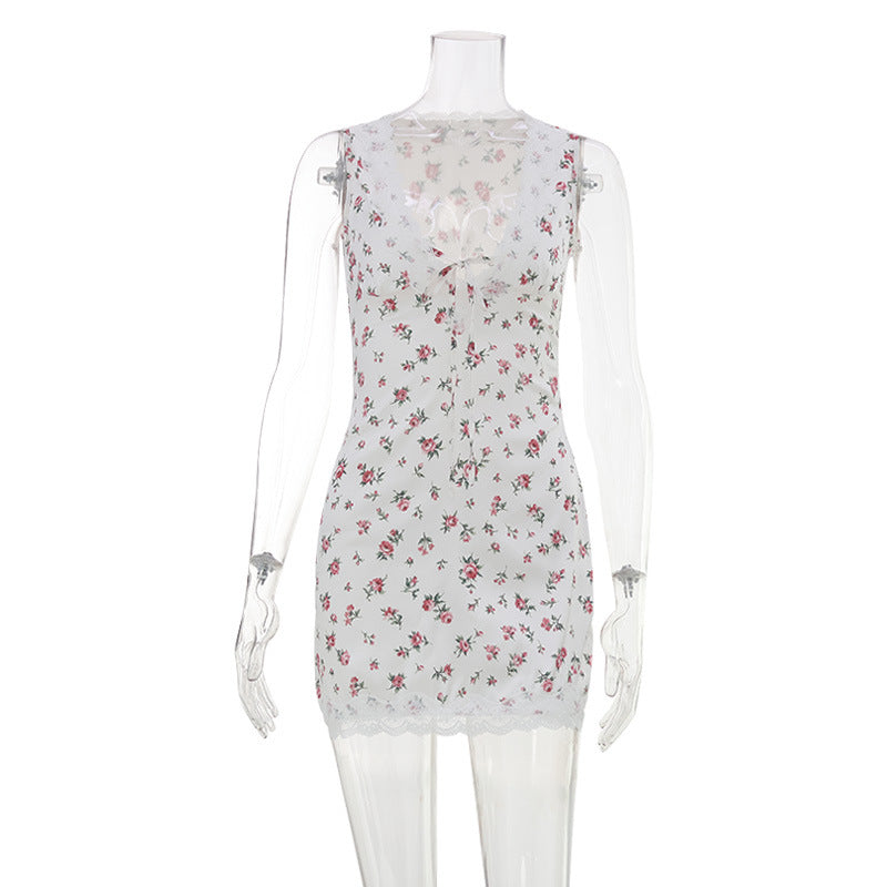 Floral Print Deep V-Neck Lace Trim Tie Front Sleeveless Mini Dress 4