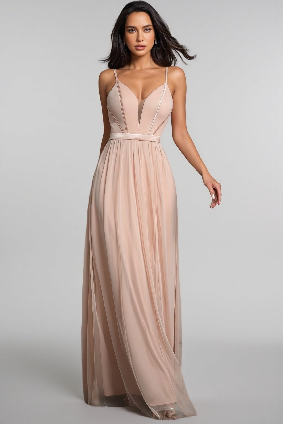 Spaghetti Strap V-Neck Mesh Overlay A-Line Maxi Dress