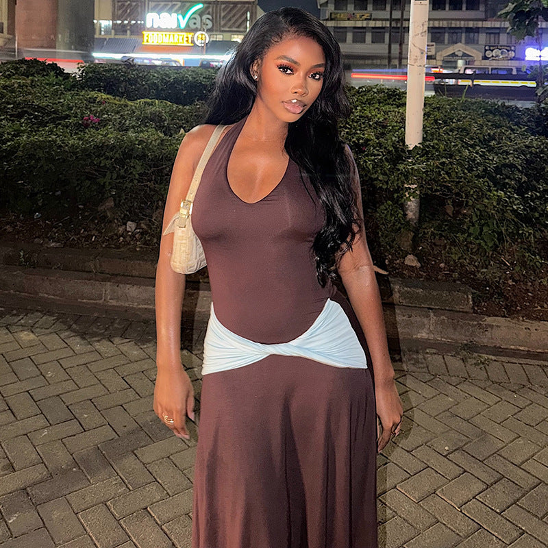 Halter V-Neck Sleeveless Contrast Twist Waist Asymmetric Hem Midi Dress 3