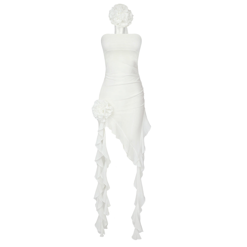 3D Floral Strapless Ruched Ruffle High Low Mini Dress