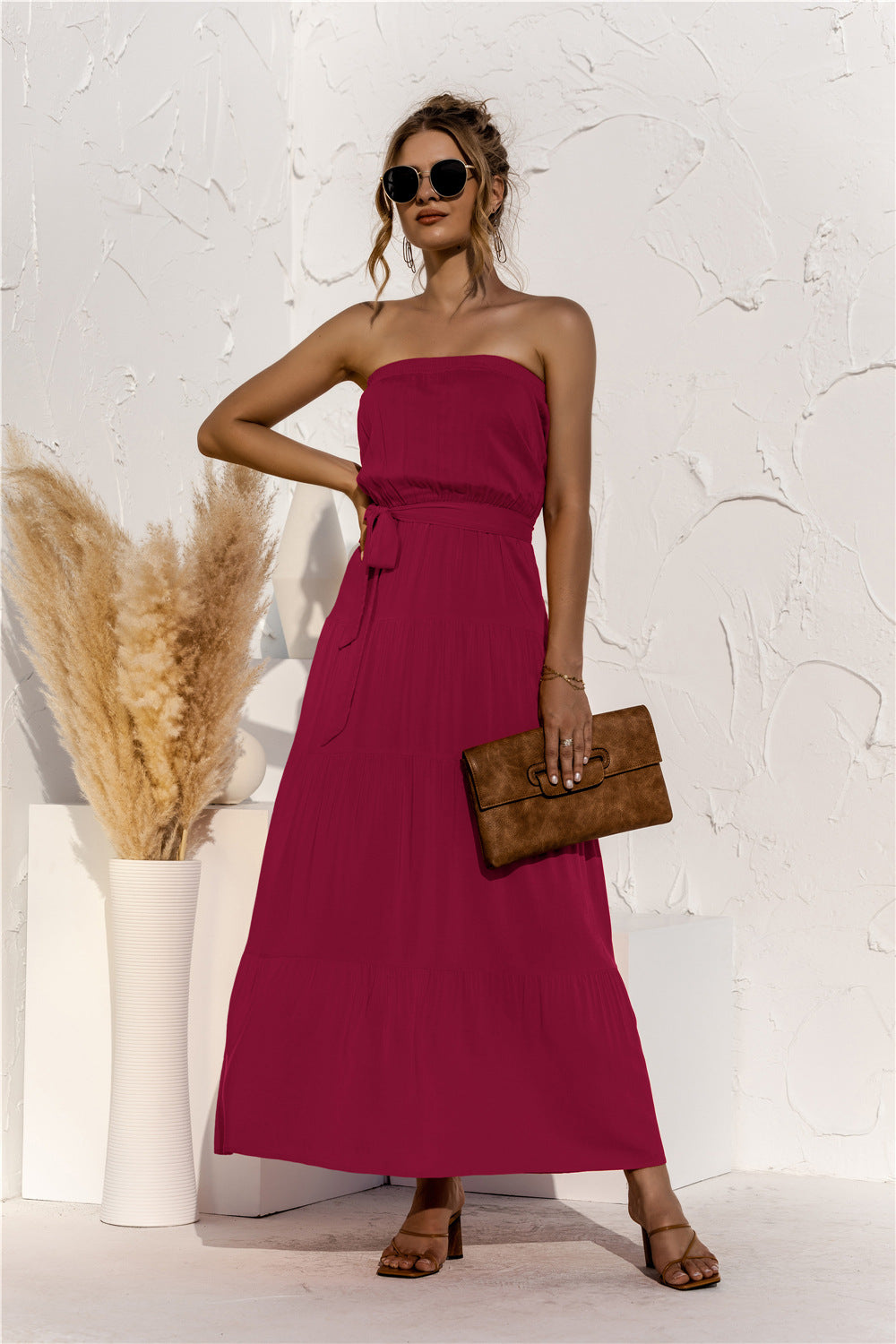 Free Falling Strapless Tiered Maxi Dress Merlot