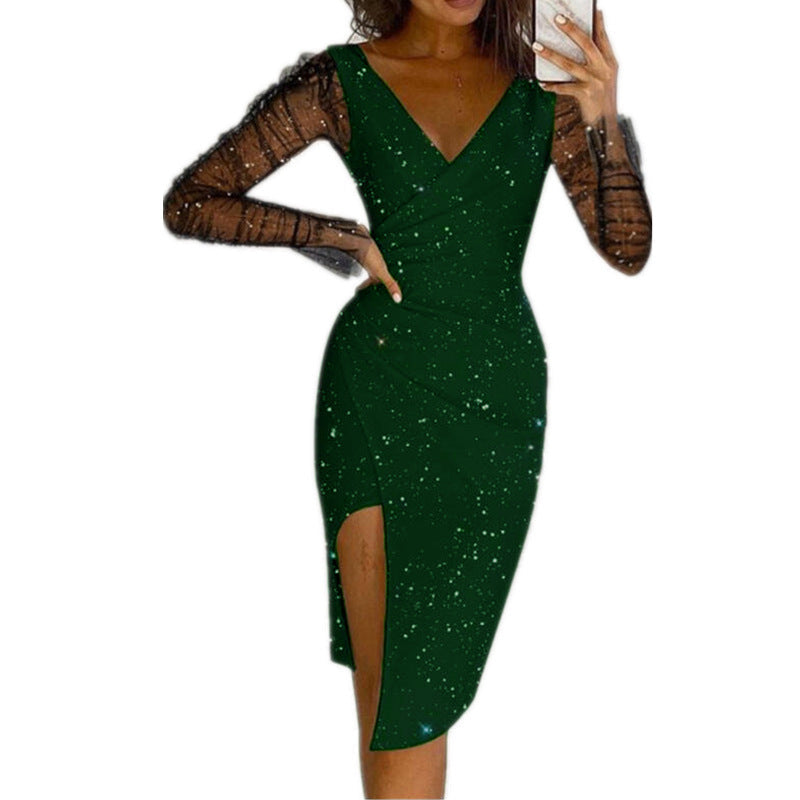 Glitter Star Print Mesh Long Sleeve Deep V-Neck Wrap Cocktail Dress