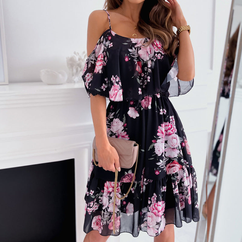 Floral Cold Shoulder Spaghetti Strap Ruffle Mini Dress 8