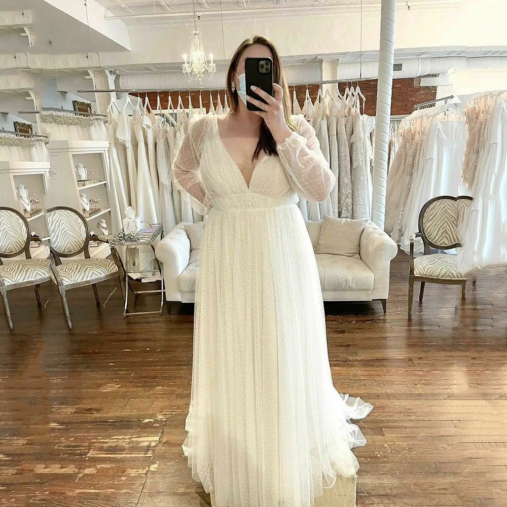Pregnant Long Sheer Long Sleeve Mesh Maxi Deep V Plunge Dress - View 2