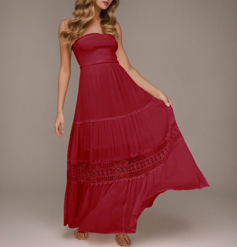 Strapless Smocked Bodice Crochet Lace Insert Tiered Boho Maxi Dress 8