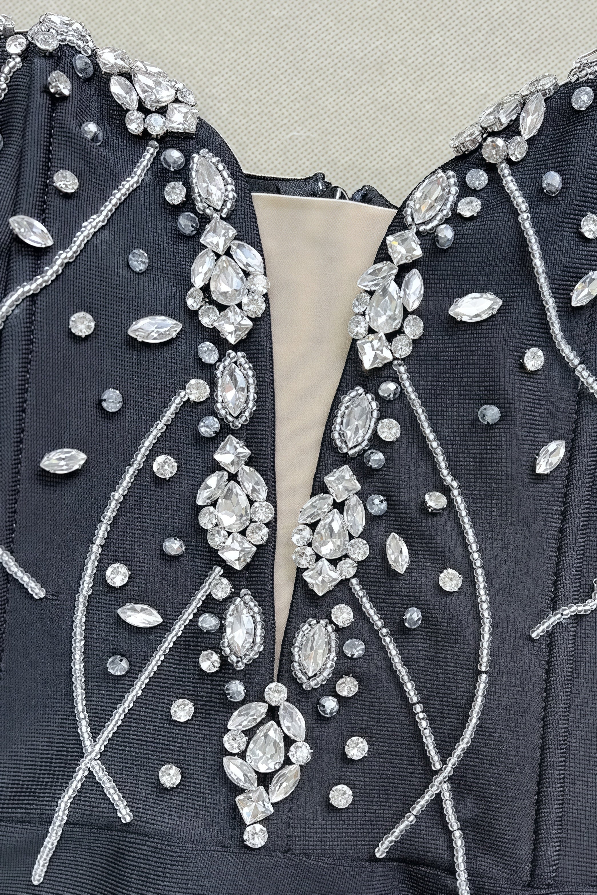 Rhinestone Embroidered Off Shoulder Long Sleeve Deep V-Neck Mesh Maxi Gown