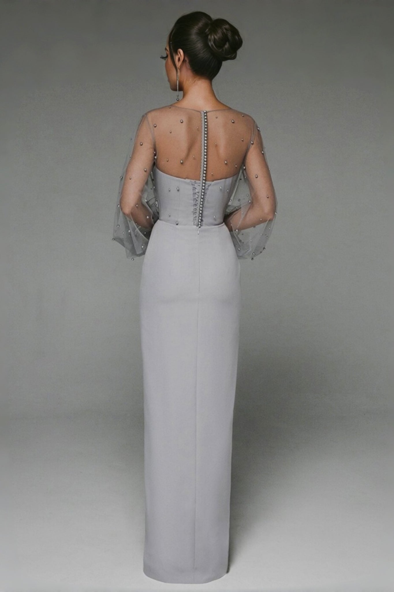 Mesh Pearl Embellished Bishop Sleeve Corset Bodice Wrap High Split Maxi Gown