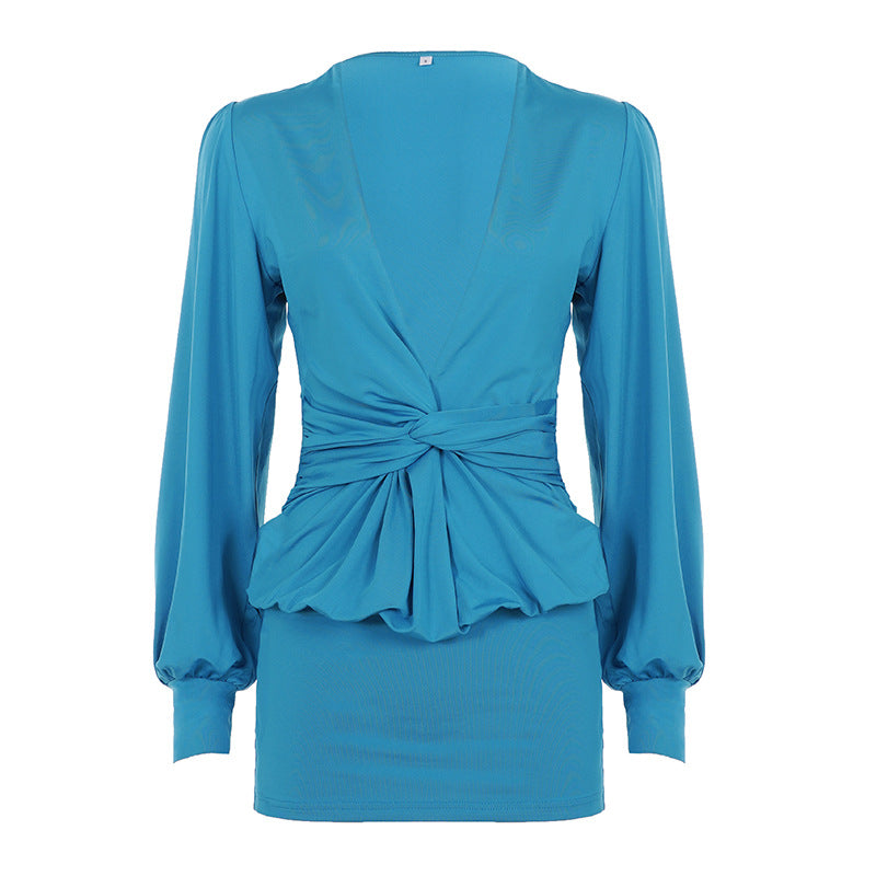 Deep V-Neck Twist Front Balloon Sleeve Ruched Bodycon Mini Dress 5