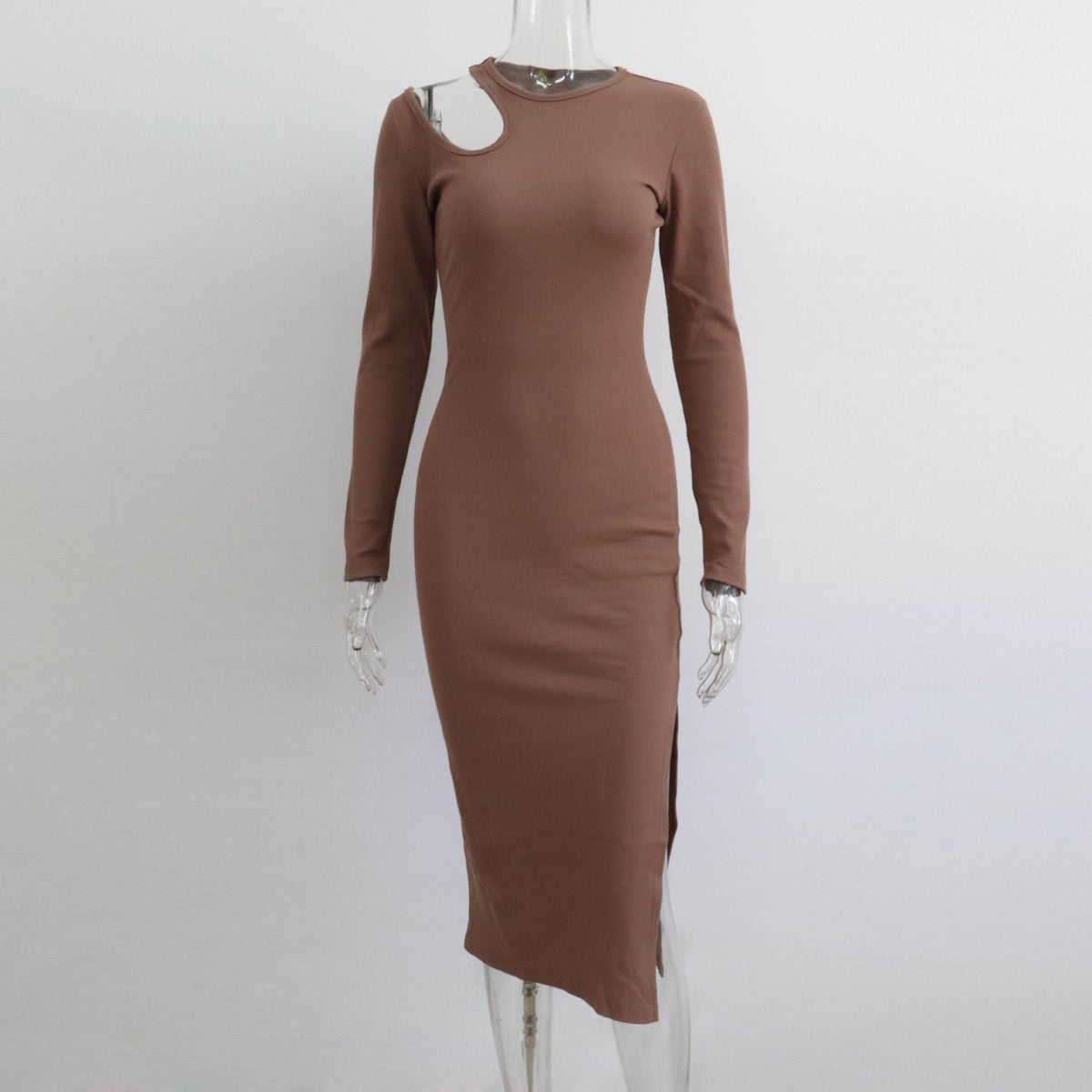 Ribbed Knit Cut Out Shoulder Long Sleeve Side Split Bodycon Midi Dress 7