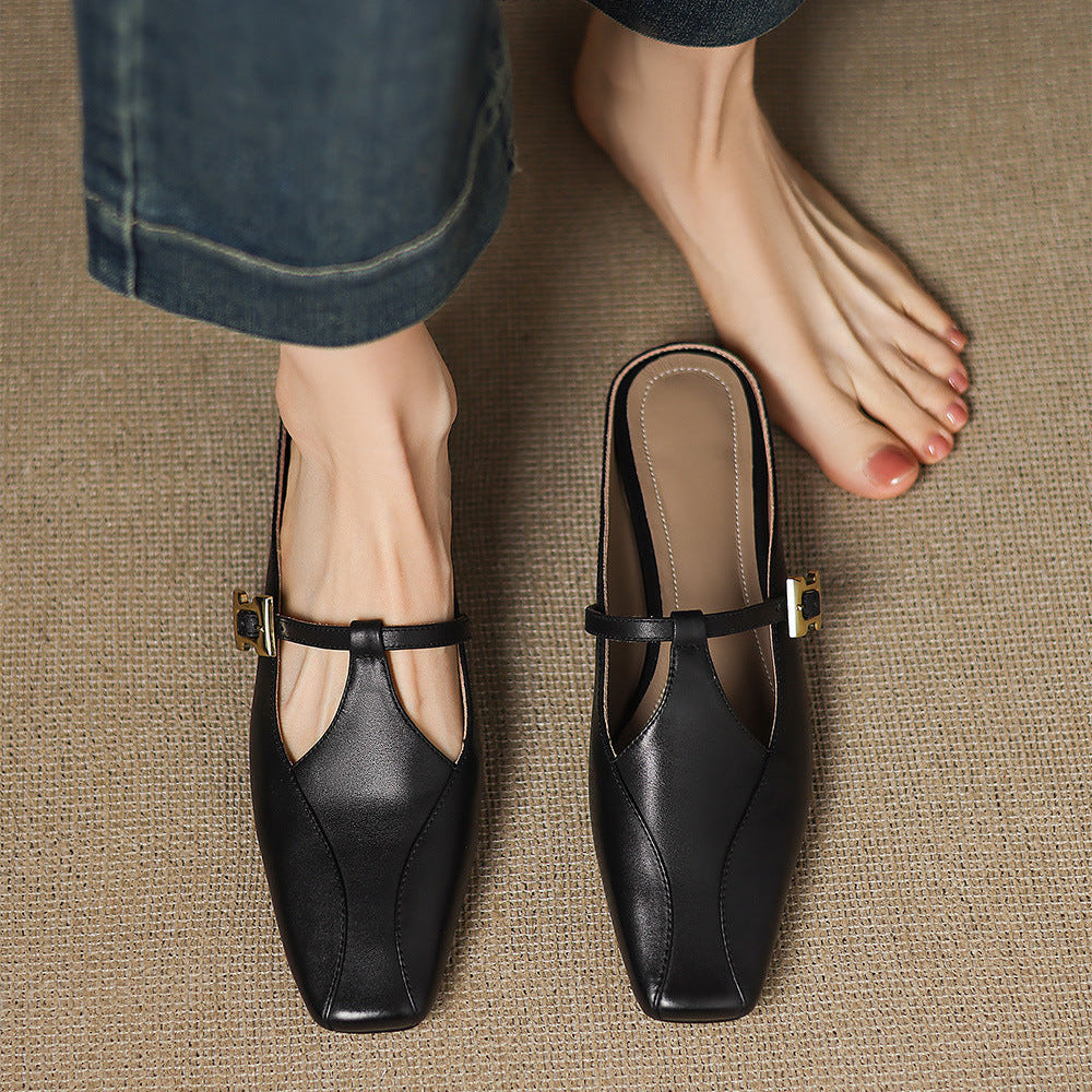 Square Toe Buckle Strap Low Block Heel Mules