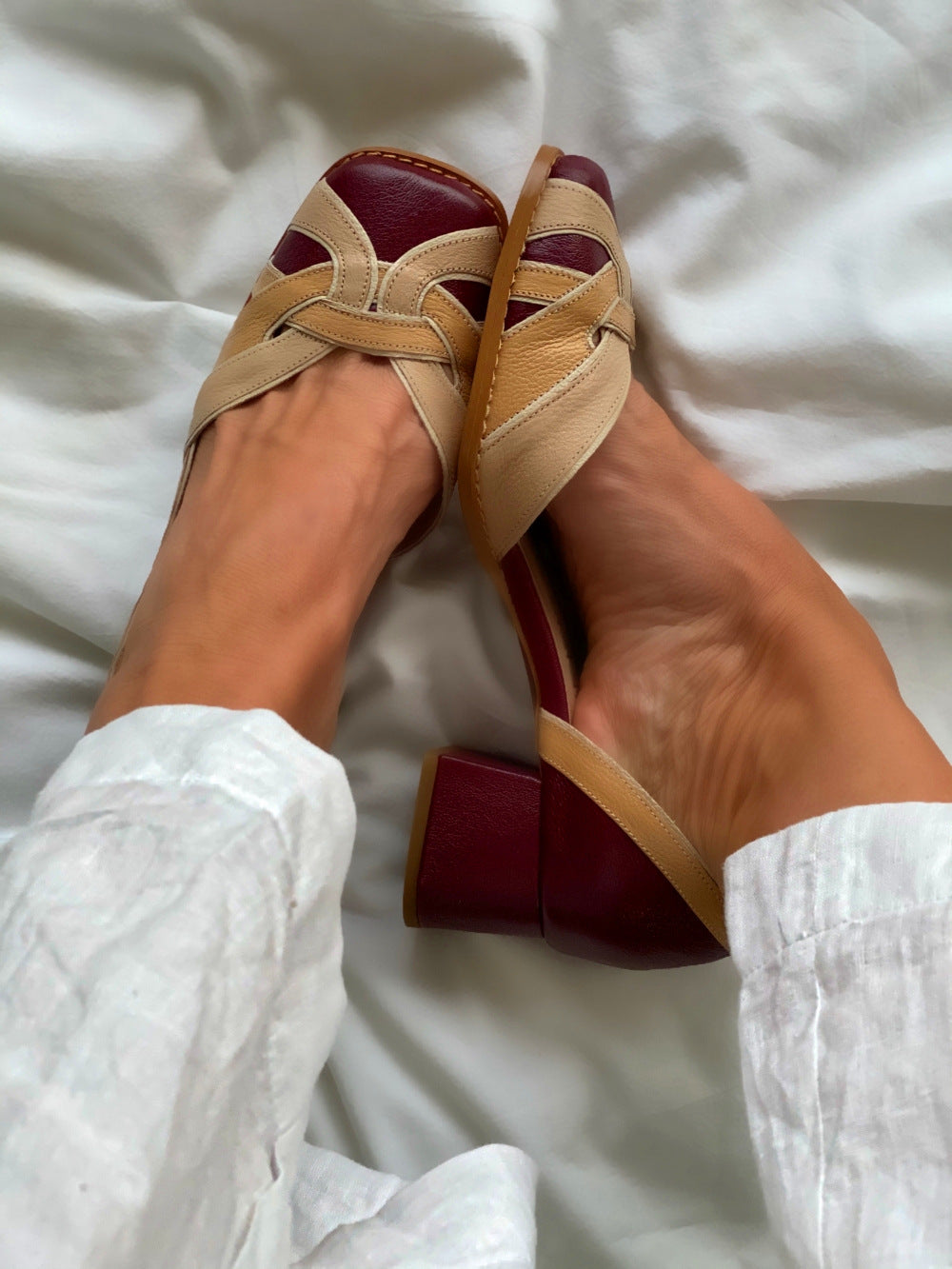 Multicolor patchwork Mid-heel Square toe side ditch Sandals