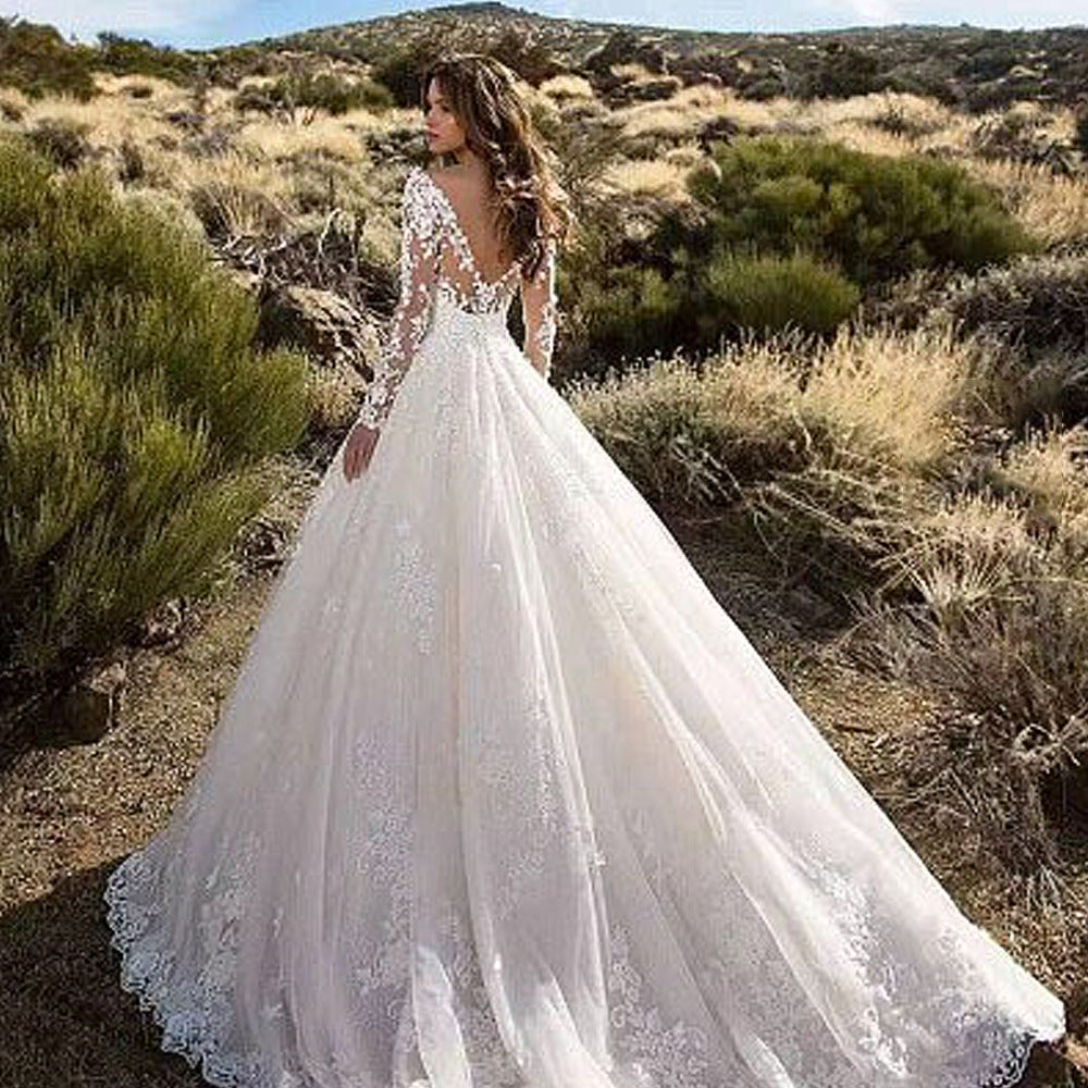 Long Sleeve Solid Color See through Lace Bridal Wedding Dress - View 2