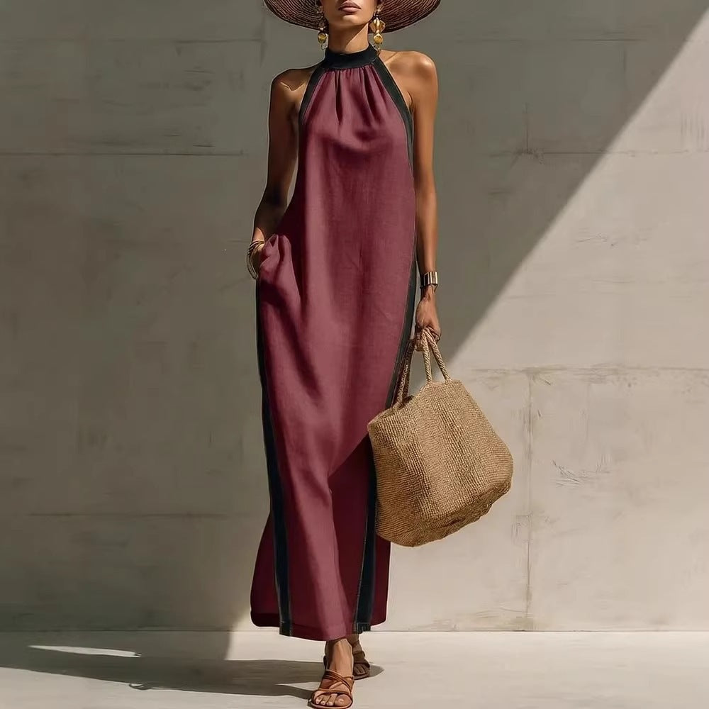 Halter Neck Sleeveless Contrast Trim Maxi Dress Summer 9